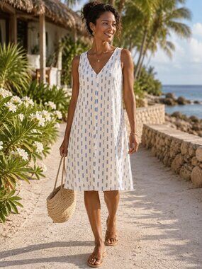 LOFT Blue White Ikat Linen Blend Midi Dress L Coastal Minimalist Resort NWOT